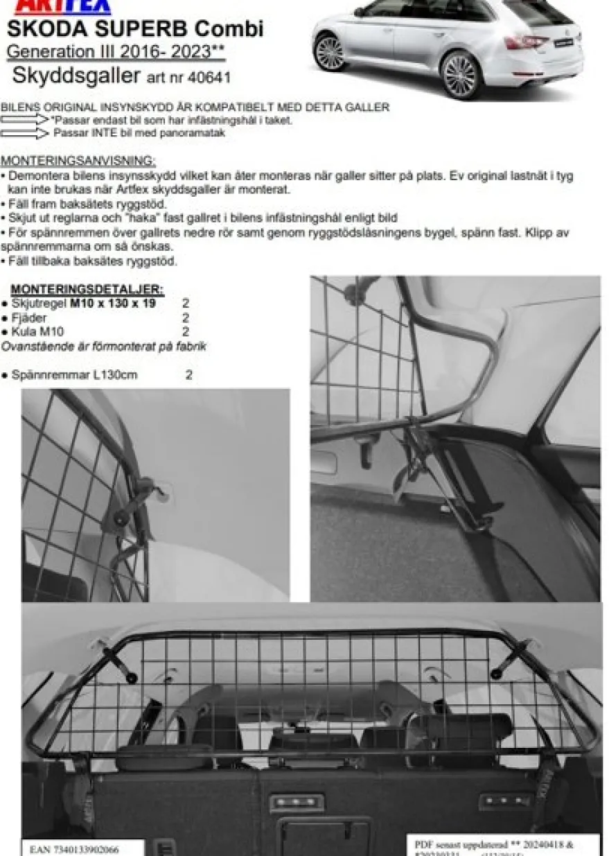 Artfex Lastgaller / Hundgaller Skoda Superb Kombi III 2016-2023