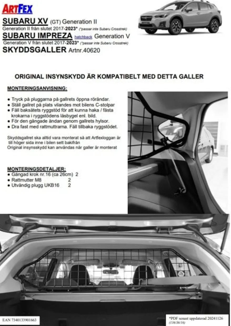 Artfex Lastgaller / Hundgaller Subaru Impreza V, Subaru XV GT
